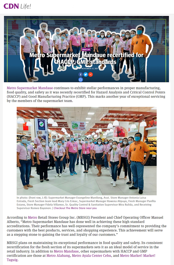 Nov 12 Metro Supermarket Mandaue recertified for HACCP GMP standards Cebu Daily News