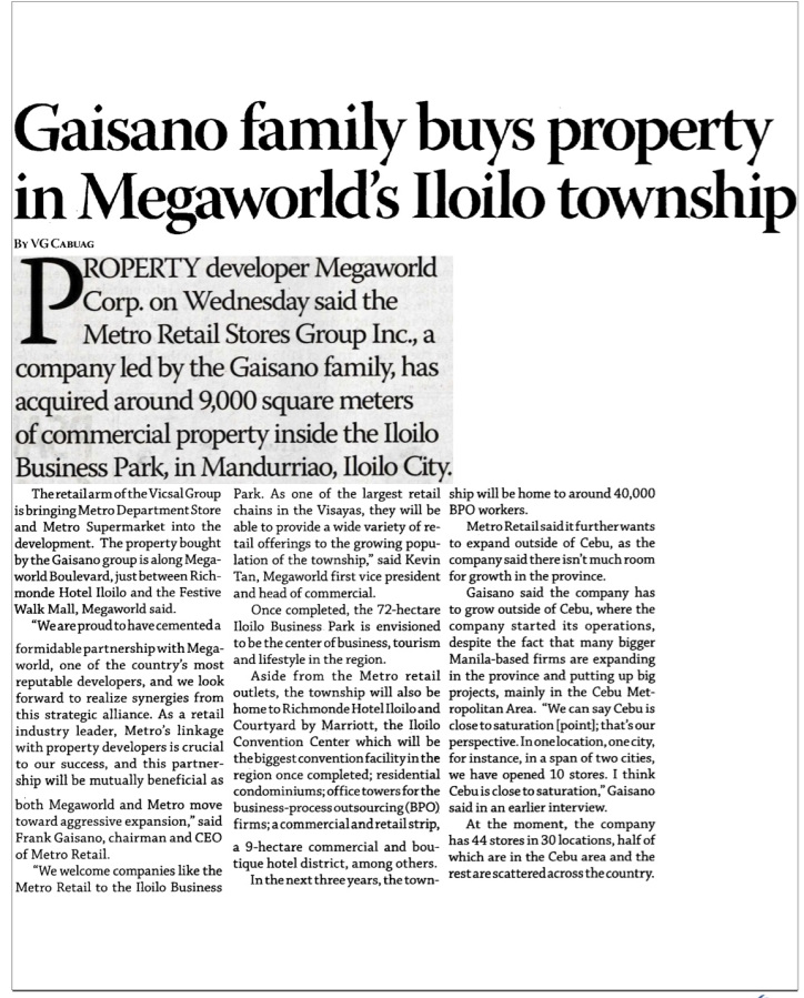 Gaisano family buys property in Megaworlds Iloilo township Business Mirror