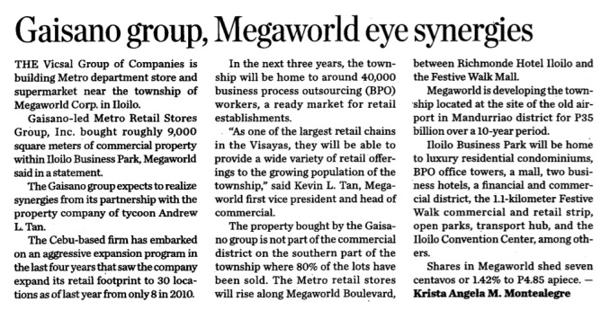 Gaisano group Megaworld eye synergies Business World