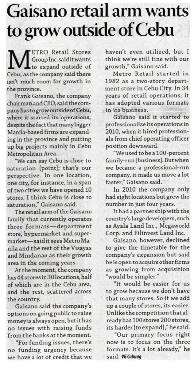 Gaisano retail arm wants to grow outside of Cebu