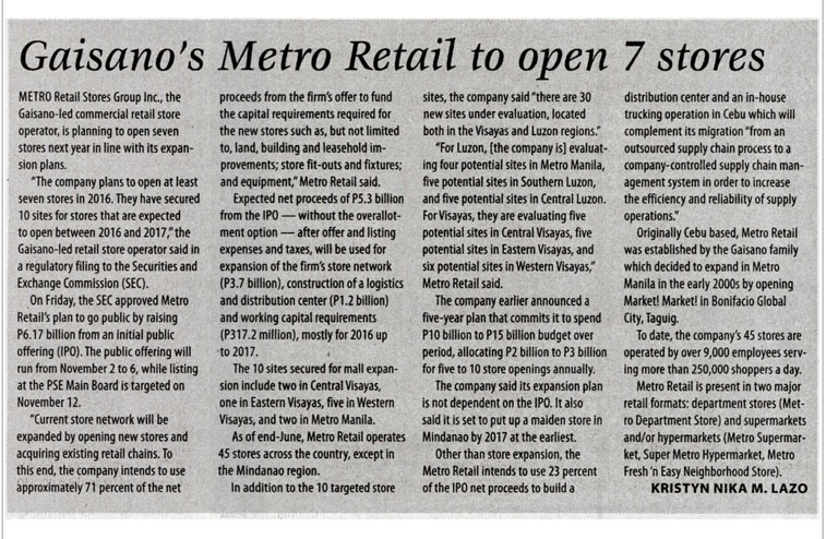 Gaisanos Metro Retail to open 7 stores Manila Times