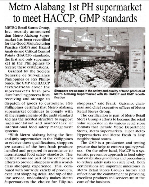 Metro Alabang 1st PH supermarket to meet HACCP GMP standards Malaya