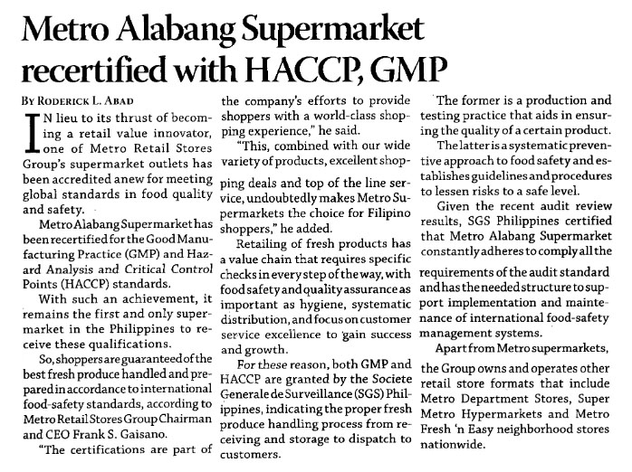 Metro Alabang Supermarket recertified with HACCP GMP Business Mirror