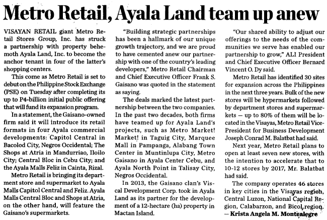 Metro Retail Ayala Land team up anew Business World