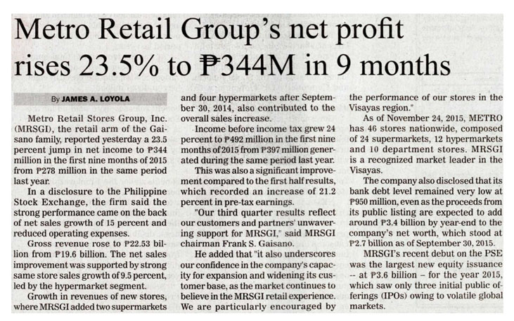 Metro Retail Groups net profit rises 23.5 to P344m in 9 months Manila Bulletin