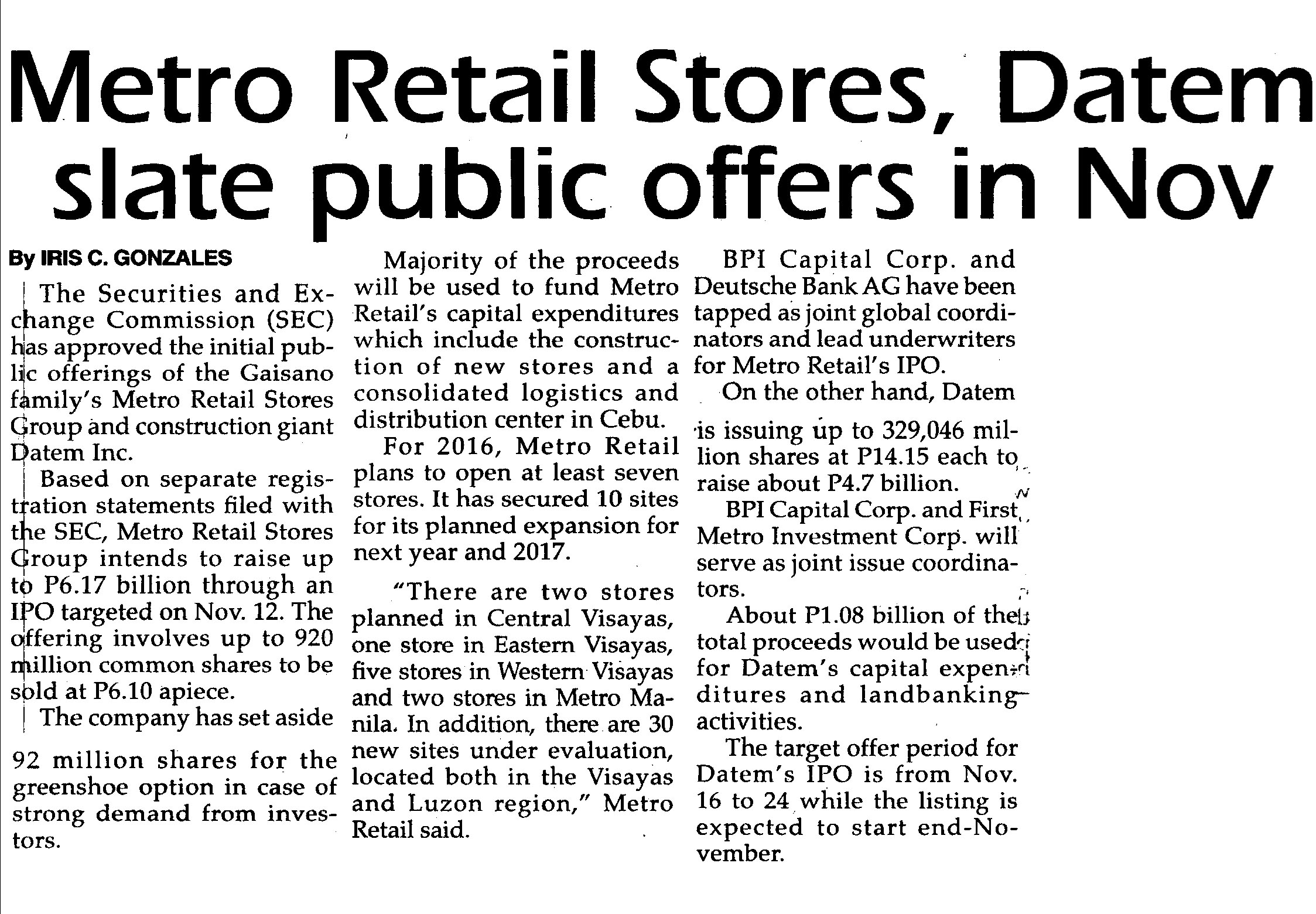 Metro Retail Stores Datem slate public offers in Nov The Philippine Star