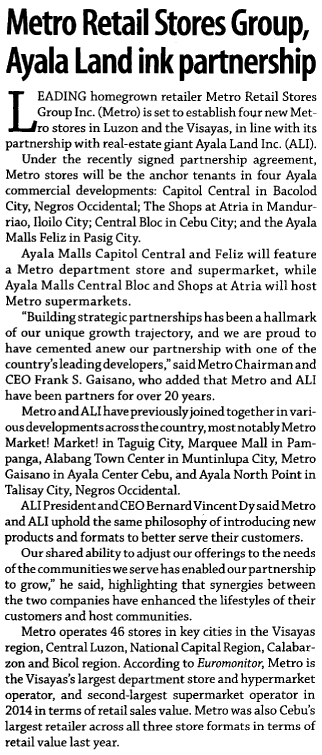 Metro Retail Stores Group Ayala Land ink partnership Business Mirror