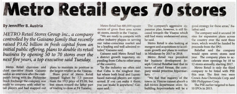 Metro Retail eyes 70 stores The Standard