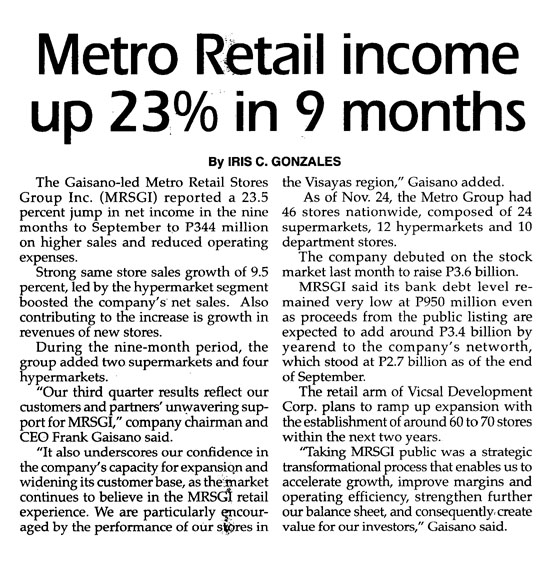 Metro Retail income up 23 in 9 months The Philippine Star