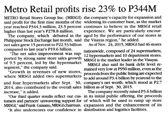 Metro Retail profit rise 23 to P344M Malaya