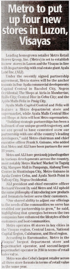 Metro to put up four new stores in Luzon Visayas The Daily Tribune