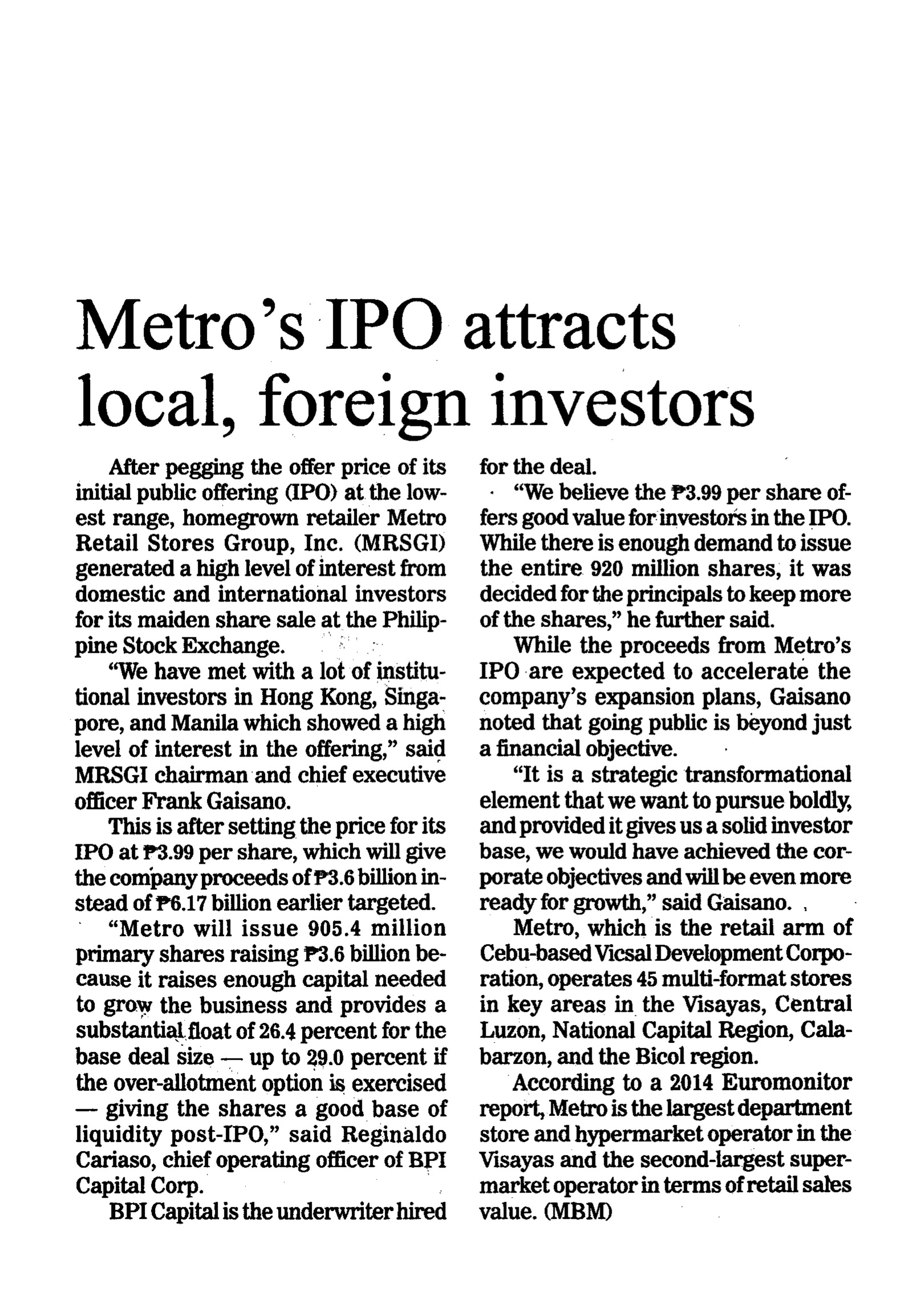 Metros IPO attracts local foreign investors Manila Bulletin