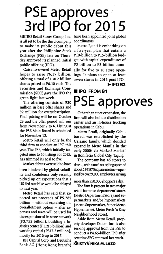 PSE approves 3rd IPO for 2015 Manila Times