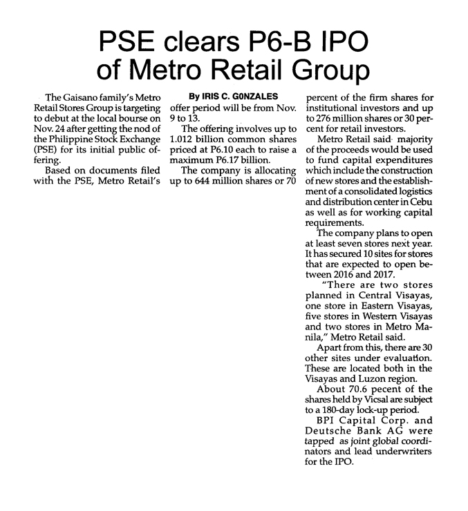 PSE clears P6 B IPO of Metro Retail Group The Philippine Star