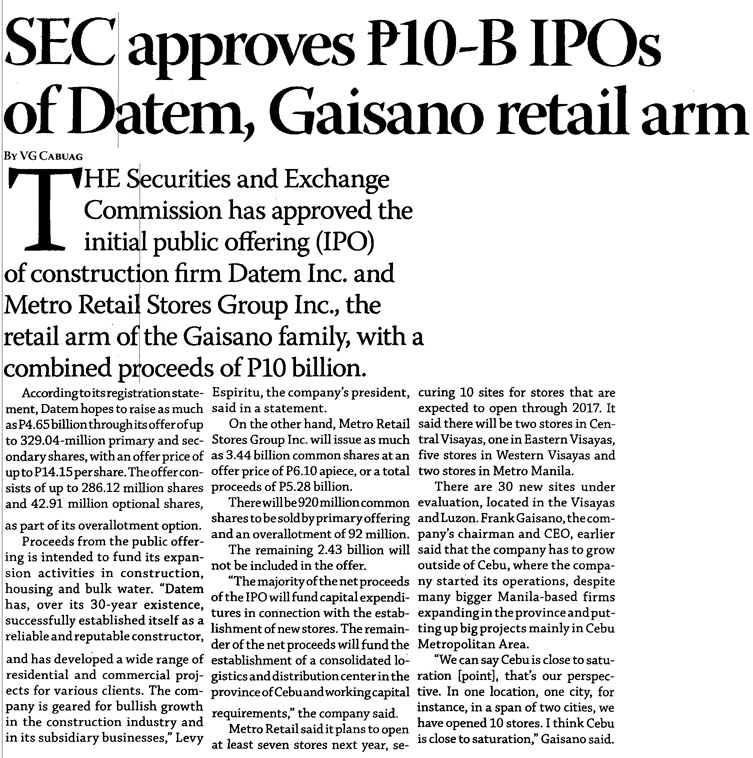 SEC approves P10 B IPOs of Datem Gaisano retail arm Business Mirror