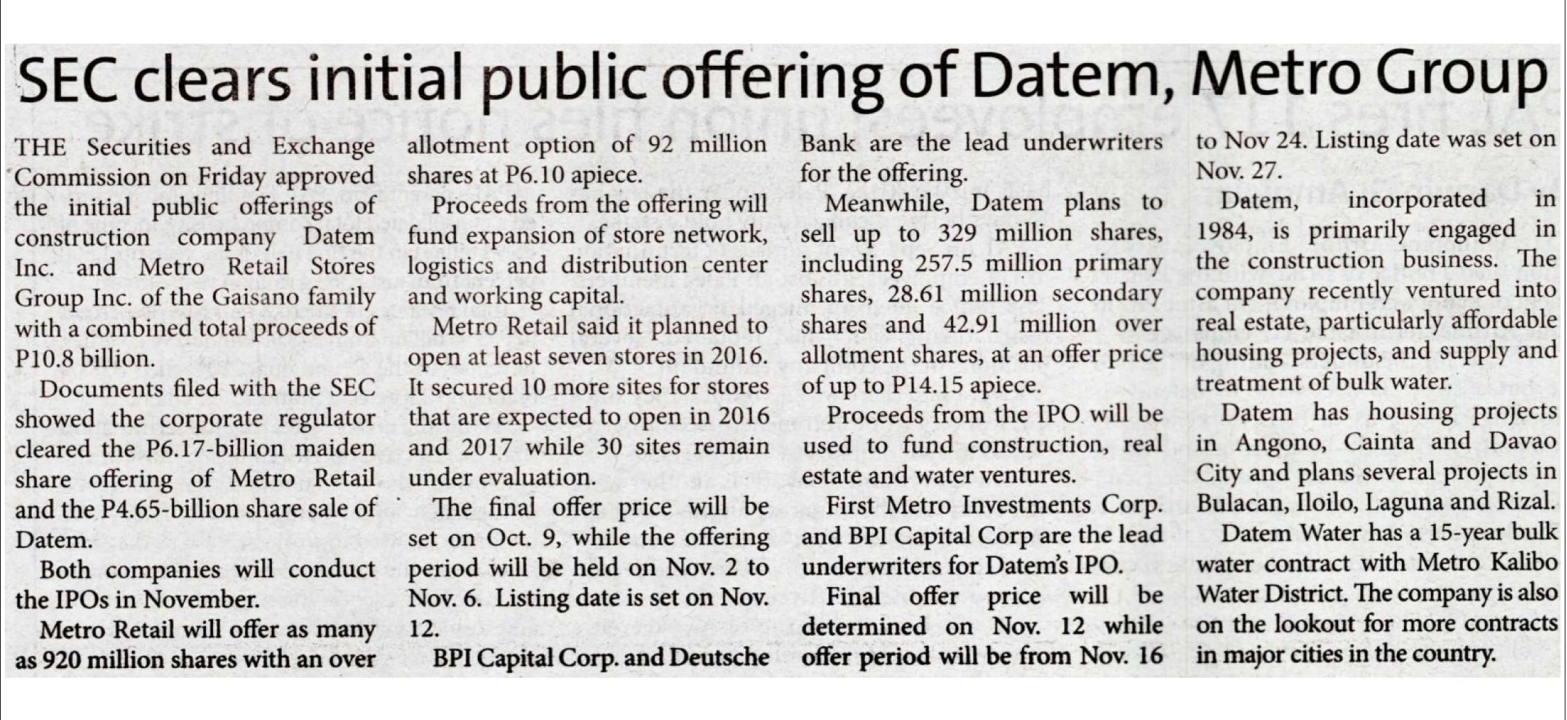 SEC clears initial public offering of Datem Metro Group The Standard