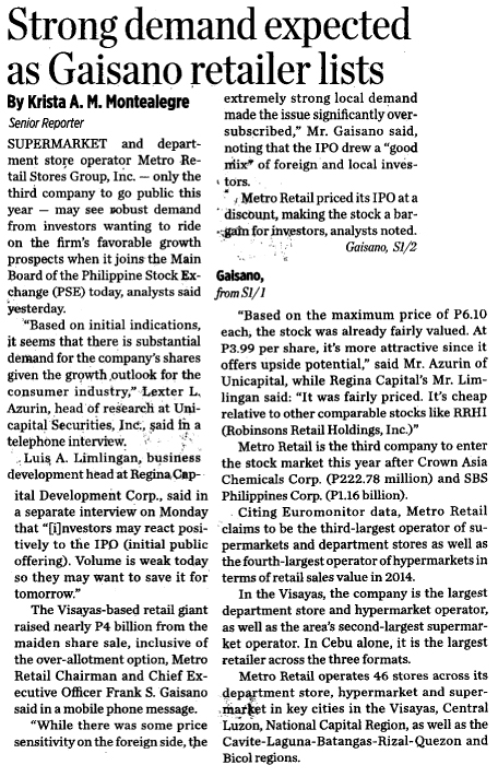 Strong demand expected as Gaisano retailer lists Business World