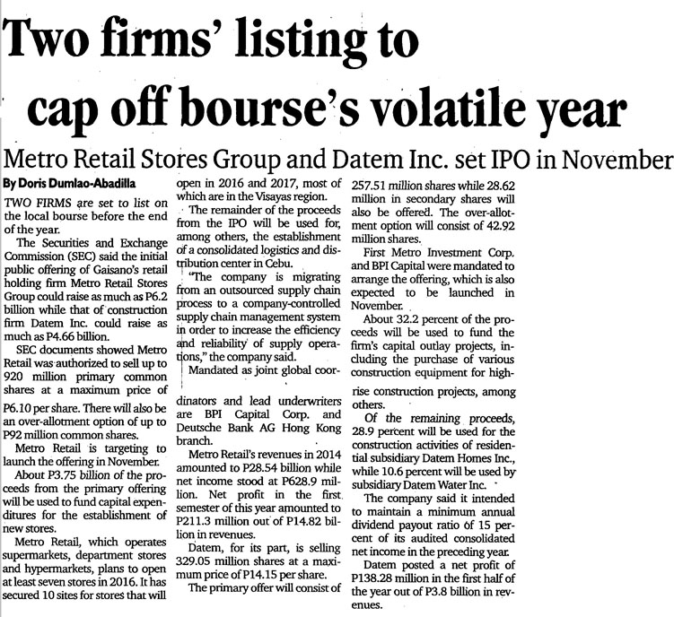 Two firms listing to cap off bourses volatile year The Philippine Daily Inquirer