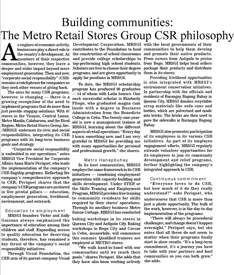 Building communities The Metro Retail Store Group CSR Philosophy