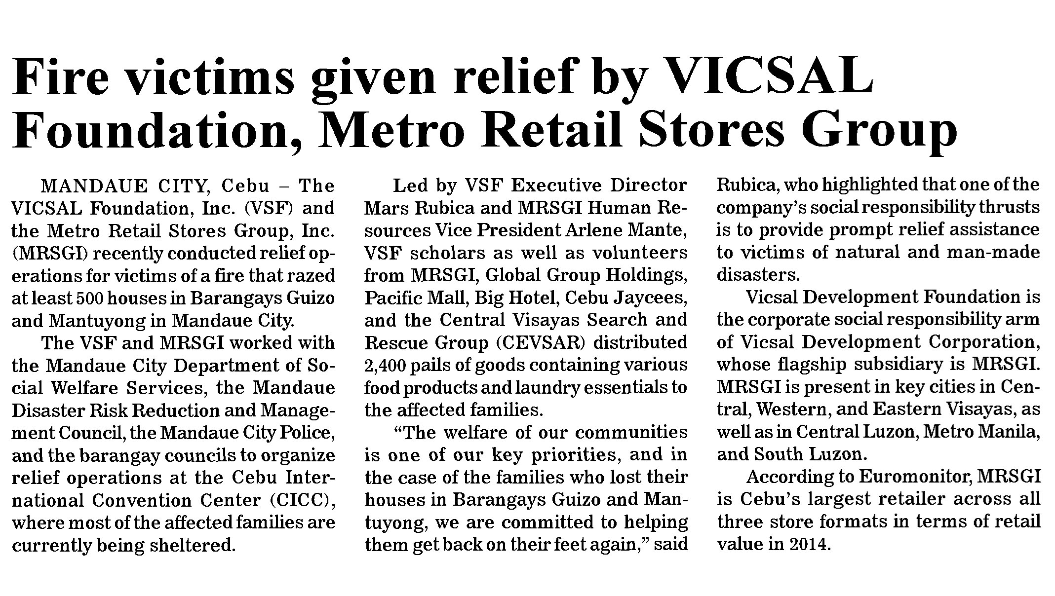 Fire victims given relief by VICSAL Foundation Metro Retail Stores Group