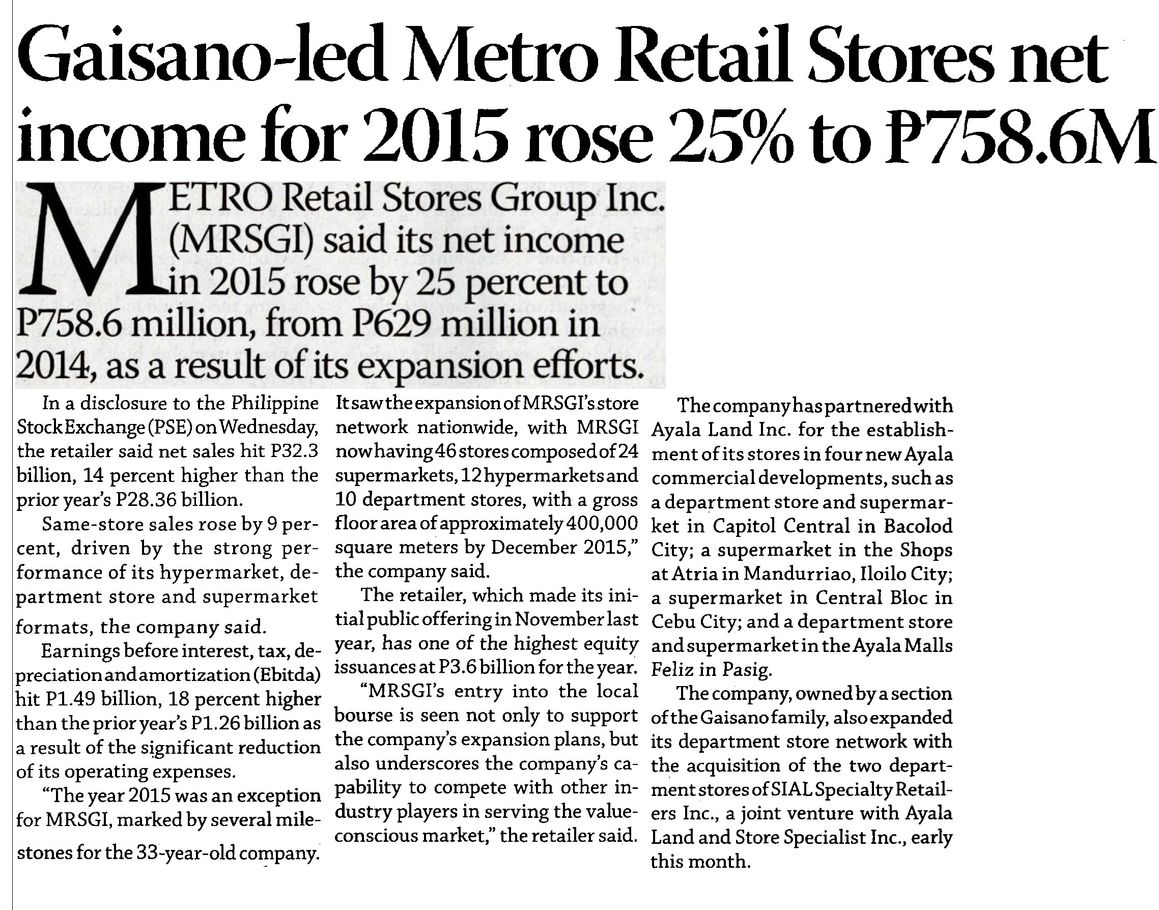Gaisano led Metro Retail Stores net income for 2015 rose 25 to P758.6M Business Mirror