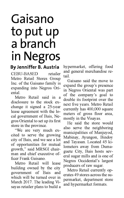 Gaisano to put up a branch in Negros