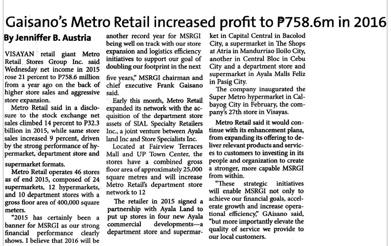 Gaisanos Metro Retail increased profit to P758.6M in 2016 The Standard