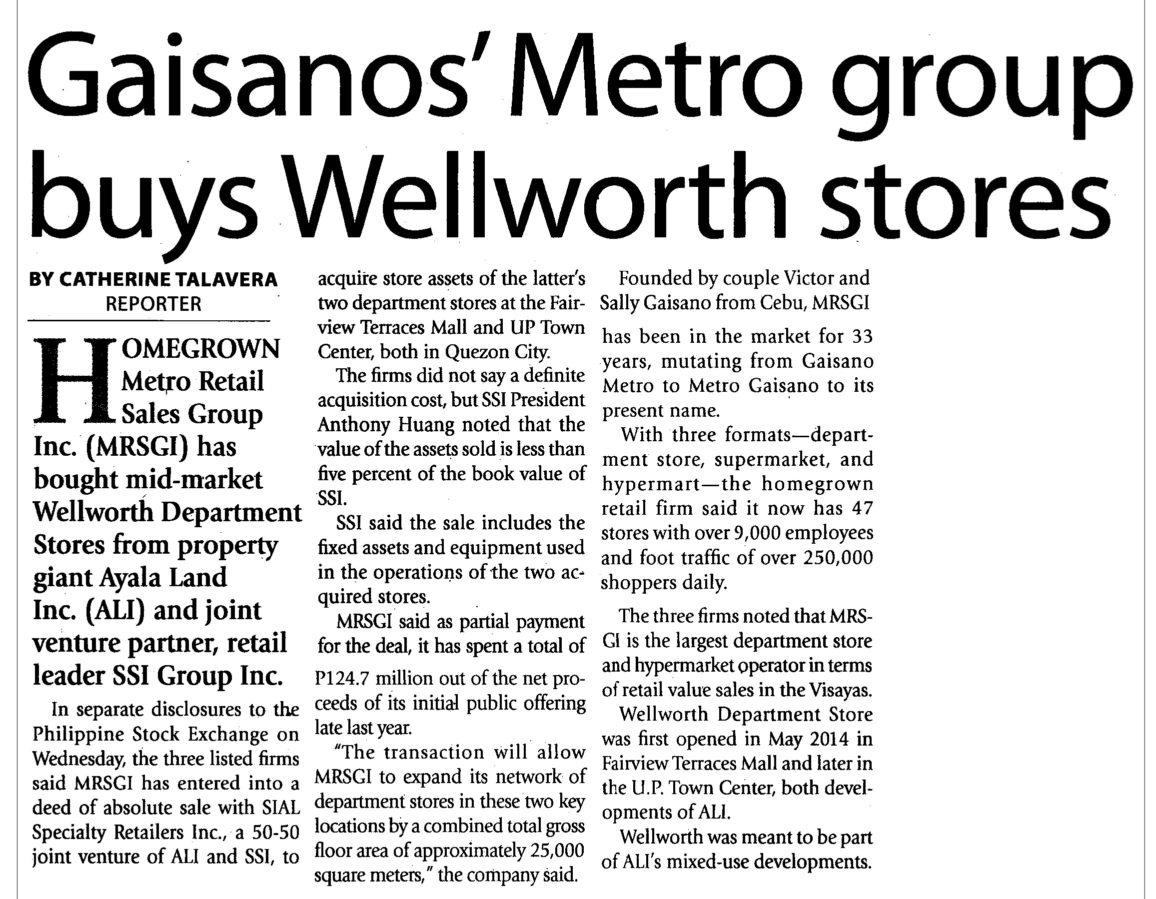 Gaisanos Metro group buys Wellworth stores Manila Times