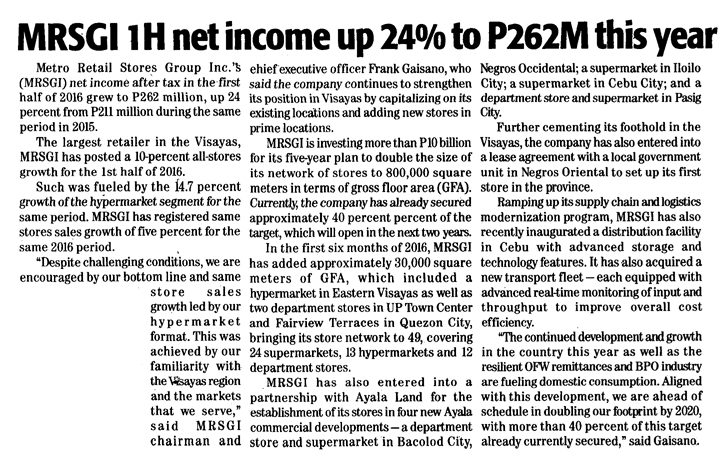 MRSGI 1H net income up 24pc to P262M this year