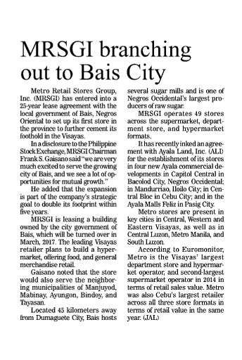 MRSGI branching out to Bais City Manila Bulletin