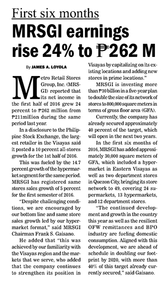 MRSGI earnings rise 24 to P262 M