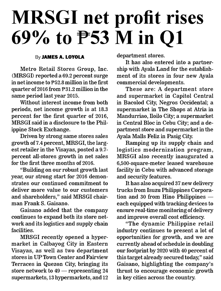MRSGI net profit rises 69 to P53 M in Q1