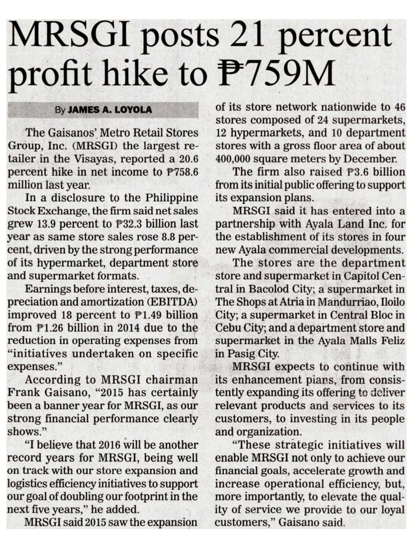 MRSGI posts 21 percent profit hike to P759M Manila Bulletin