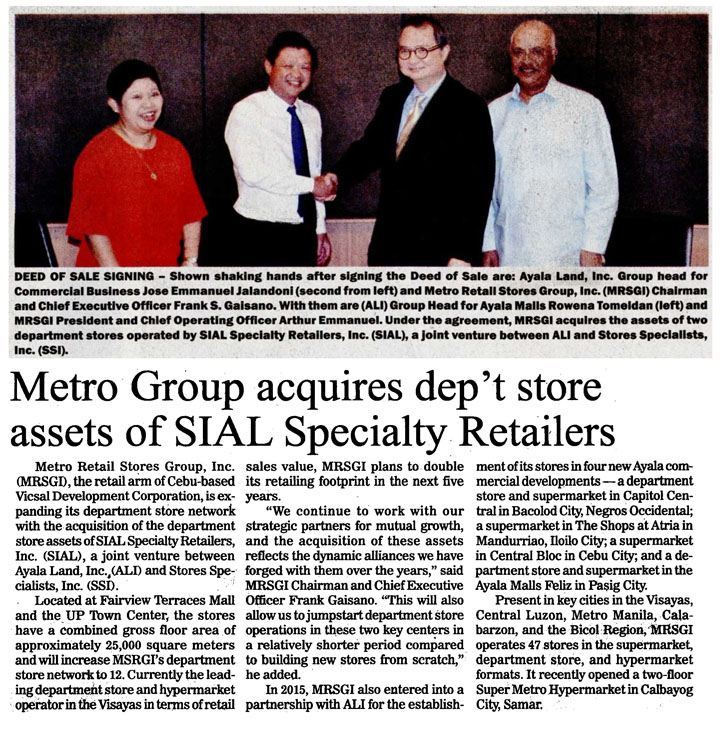 Metro Group acquires dept store assets of SIAL Specialty Retailers Manila Bulletin