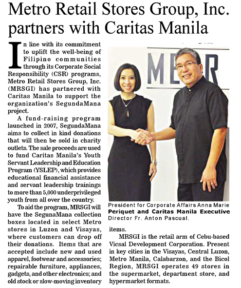 Metro Retail Stores Group Inc. partners with Caritas Manila