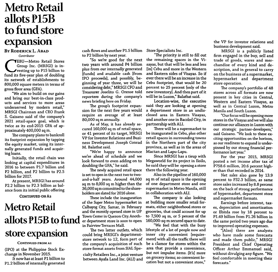 Metro Retail allots P15B to fund store expansion