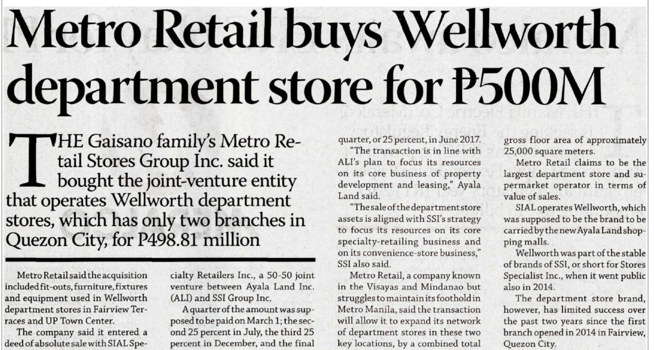 Metro Retail buys Wellworth department store fro P500M Business Mirror