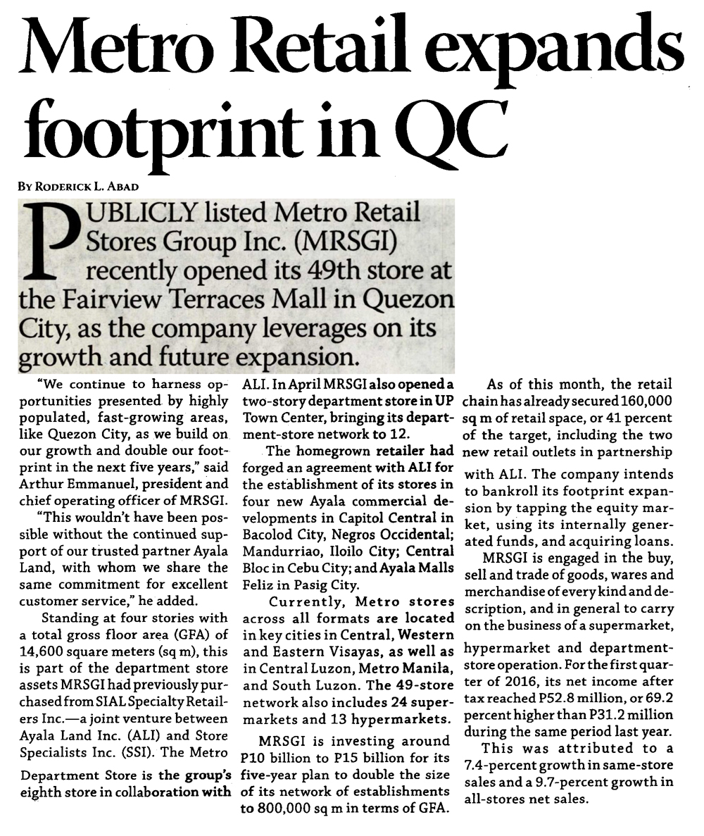 Metro Retail expands footprint in QC Business Mirror 2