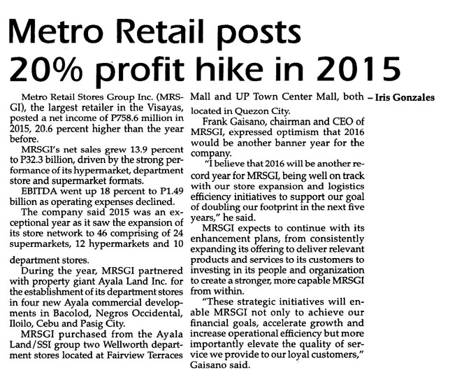 Metro Retail posts 20 percent profit hike The Philippine Star