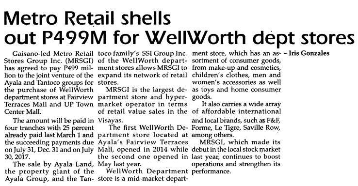 Metro Retail shells out P499M for Wellworth dept stores The Philippine Star