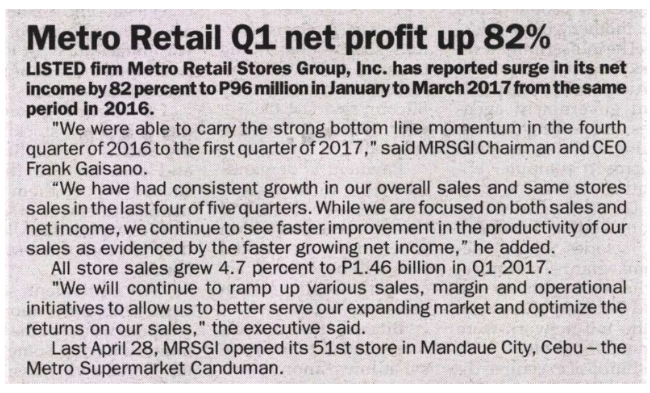 Metro Retail Q1 net profit up 82