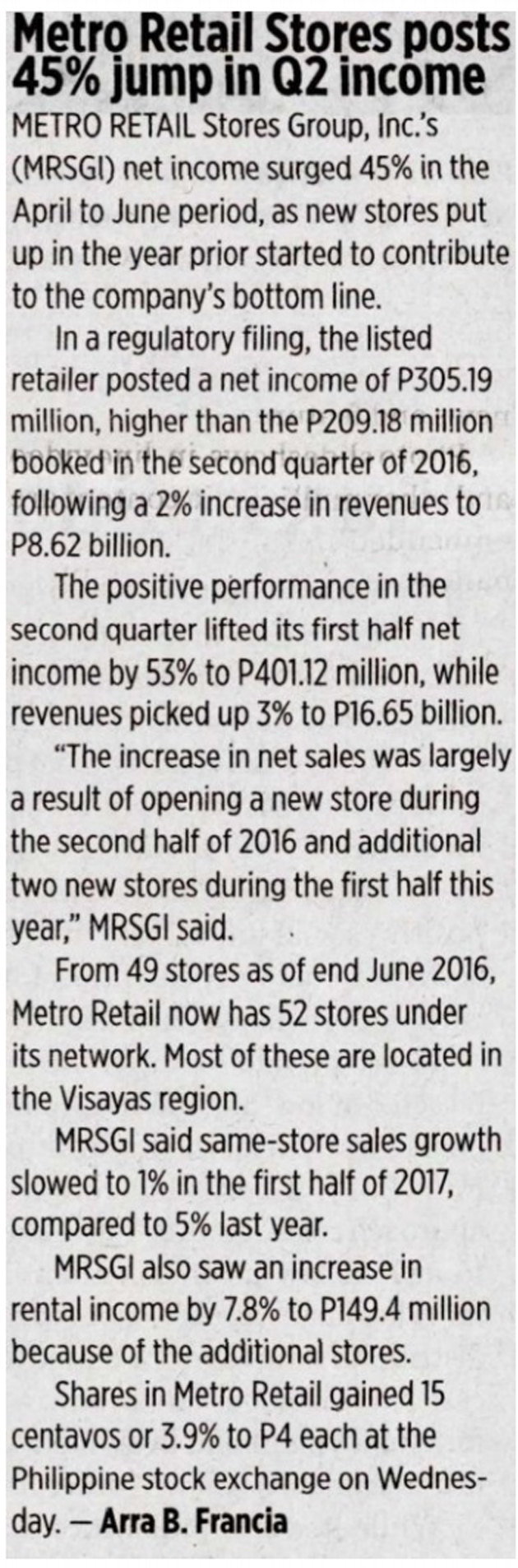 Metro Retail Stores posts 45percent jump in Q2 income