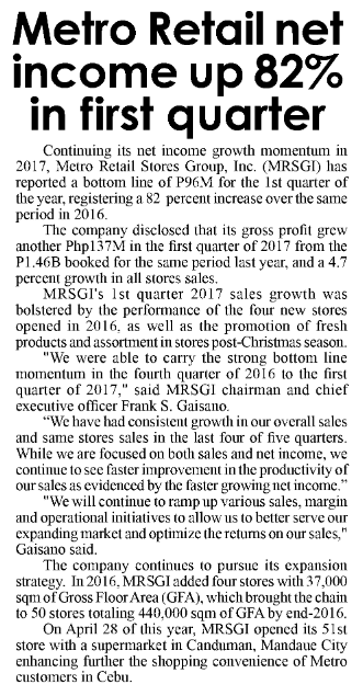 Metro Retail net income up 82 in first quarter