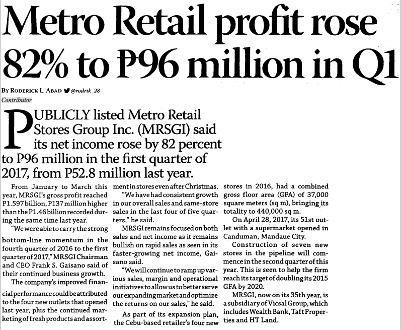 Metro Retail profit rose 82 to P96 million in Q1