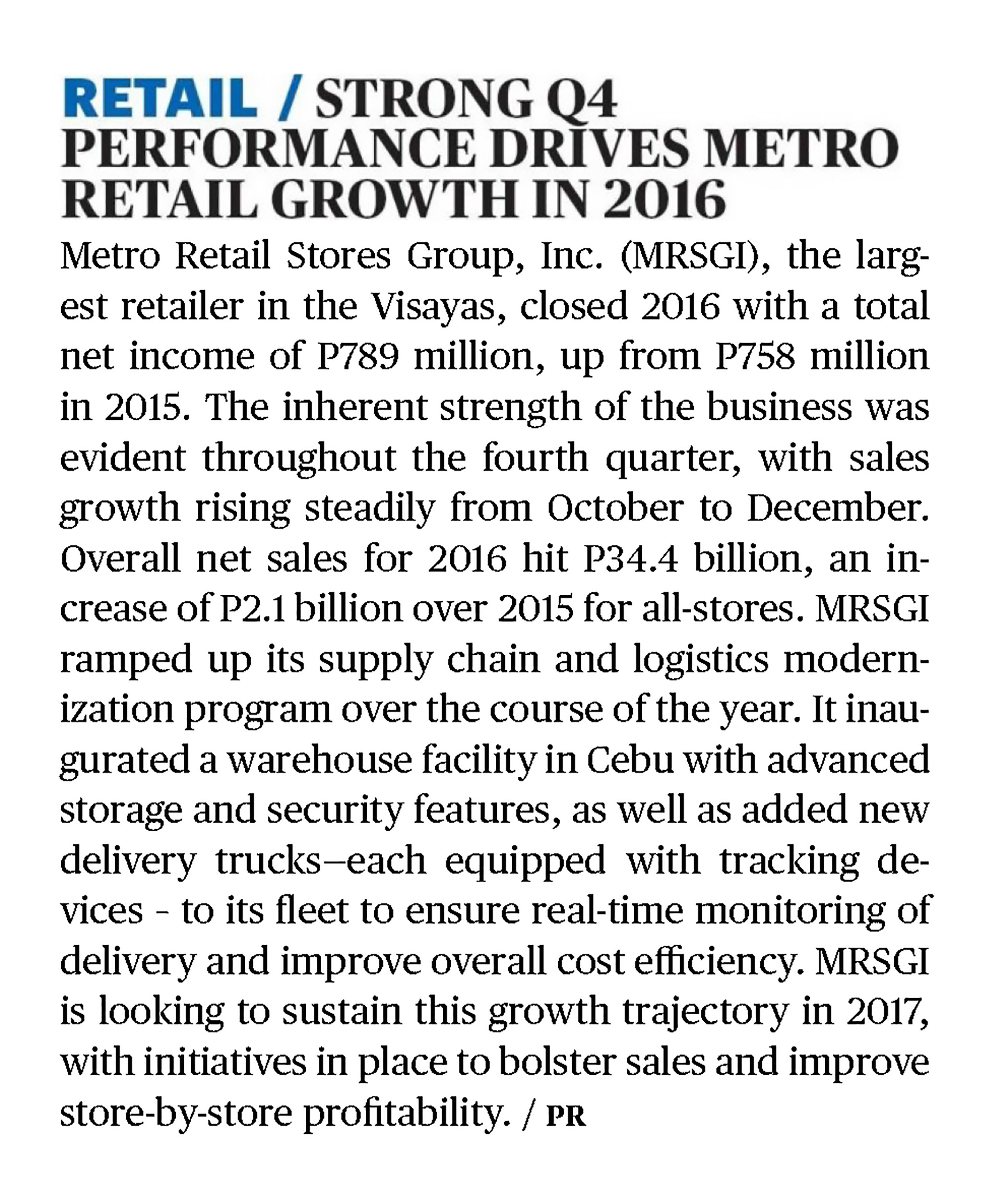 RETAIL STRONG Q4 PERFORMANCE DRIVES METRO RETAIL GROWTH
