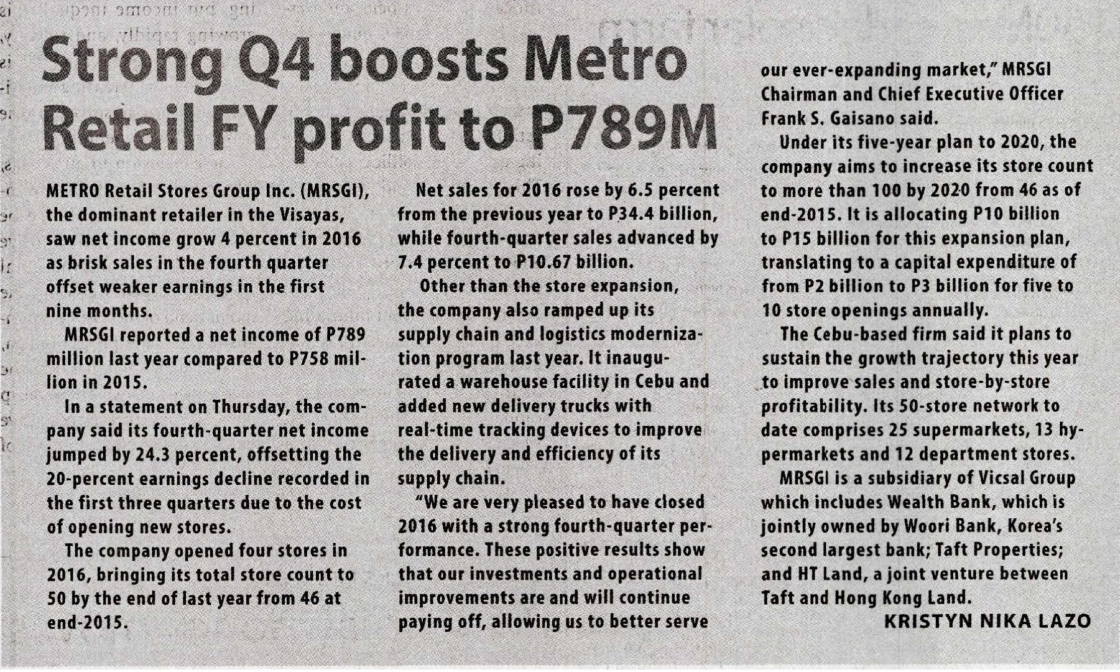 Strong Q4 boosts Metro FY profit to P789M