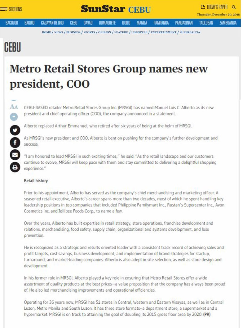 Metro Retail Stores Group names new president COO SunStar Cebu