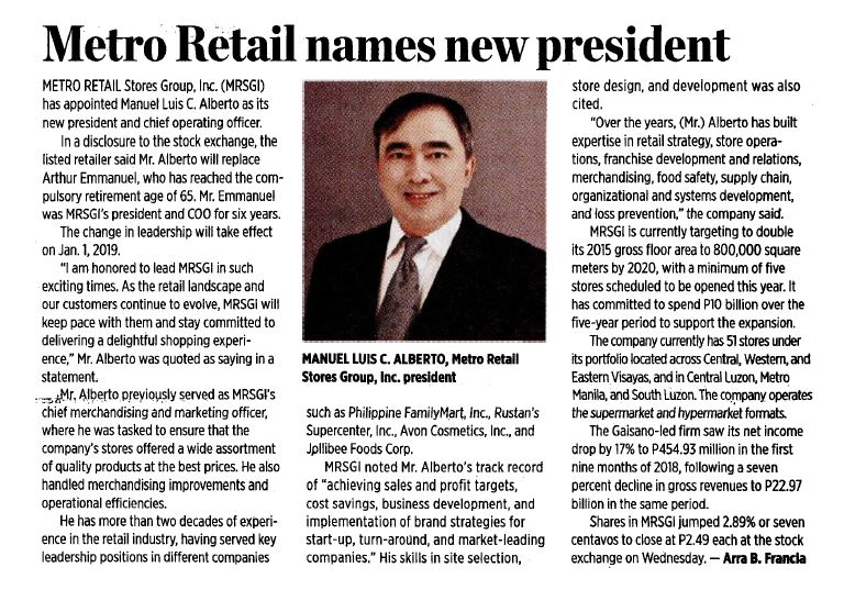 Metro Retail names new president Business World