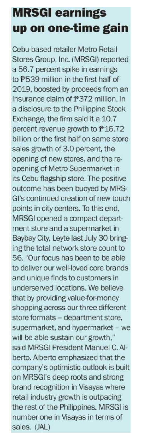 August 18 2019 MRSGI earnings up on one time gain Manila Bulletin Sunday
