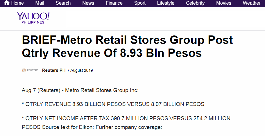 August 7 2019 BRIEF Metro Retail Stores Group Post Qtrly Revenue Of 8.93 Bln Pesos Yahoo News www.ph.news.yahoo.com